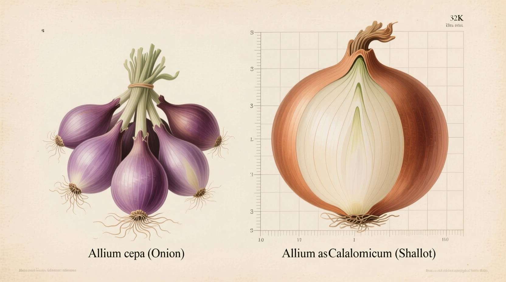 Shallots and onions side by side comparison