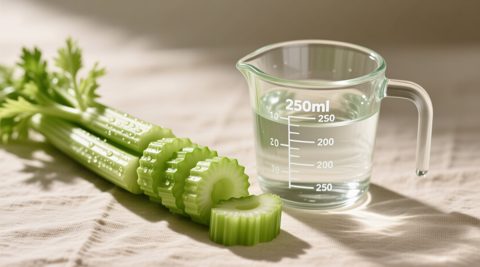 Chopped celery stalk next to measuring cup