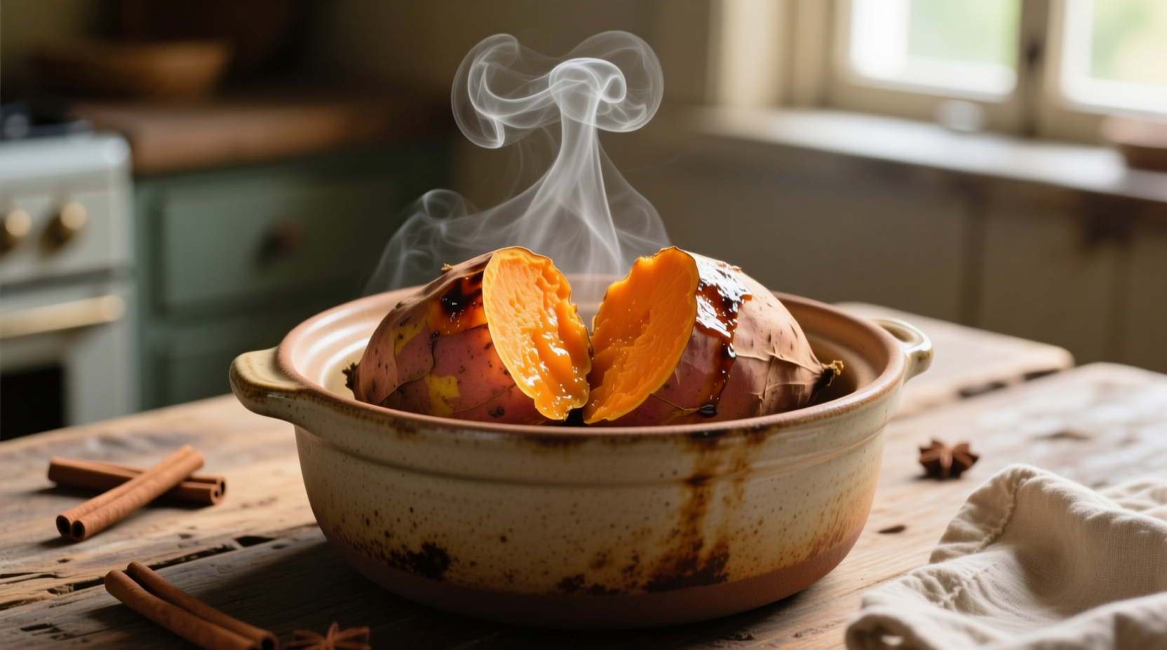 Perfectly cooked sweet potatoes in crockpot with steam rising