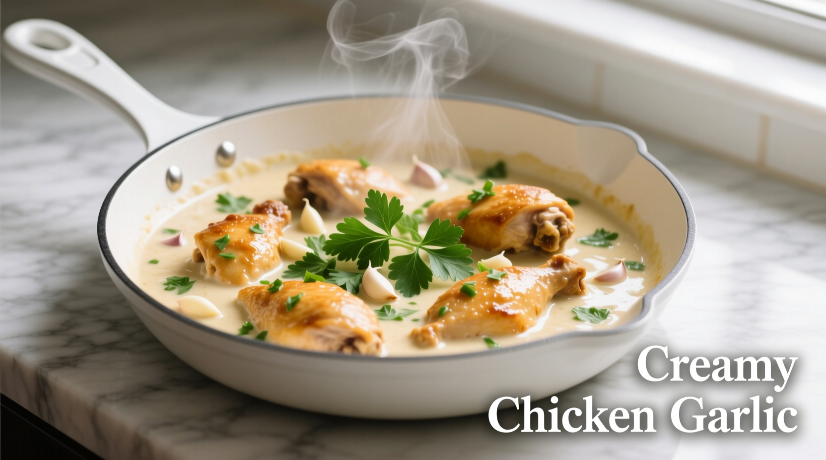 Creamy chicken garlic in white skillet with fresh parsley