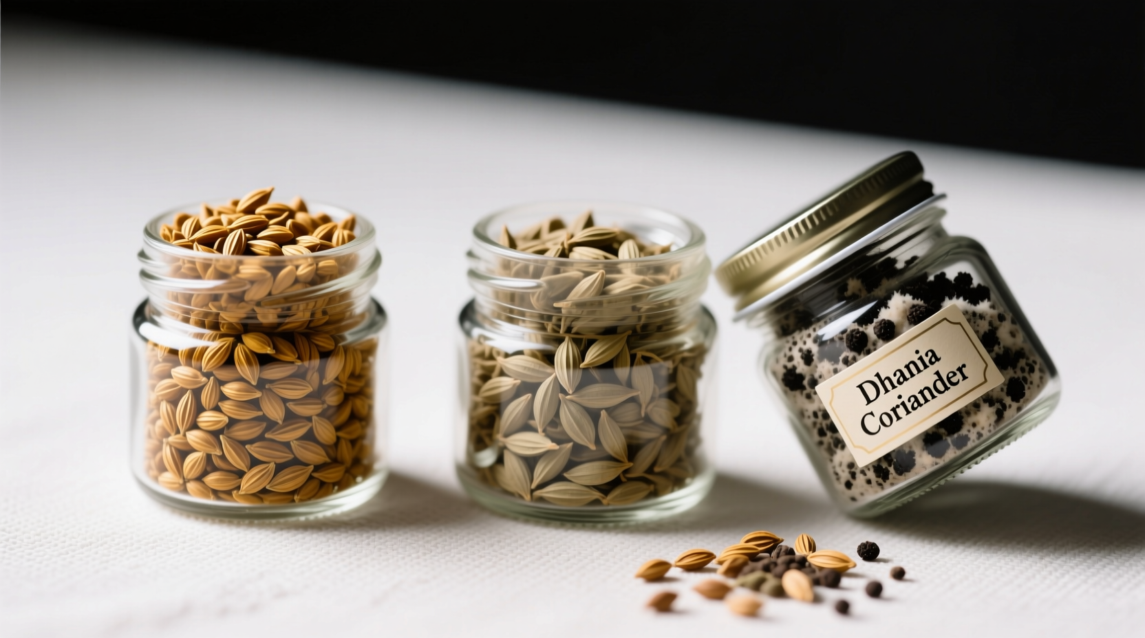 Three spice jars showing quality gradation: fresh golden-brown dhania seeds, faded old seeds, and moldy batch
