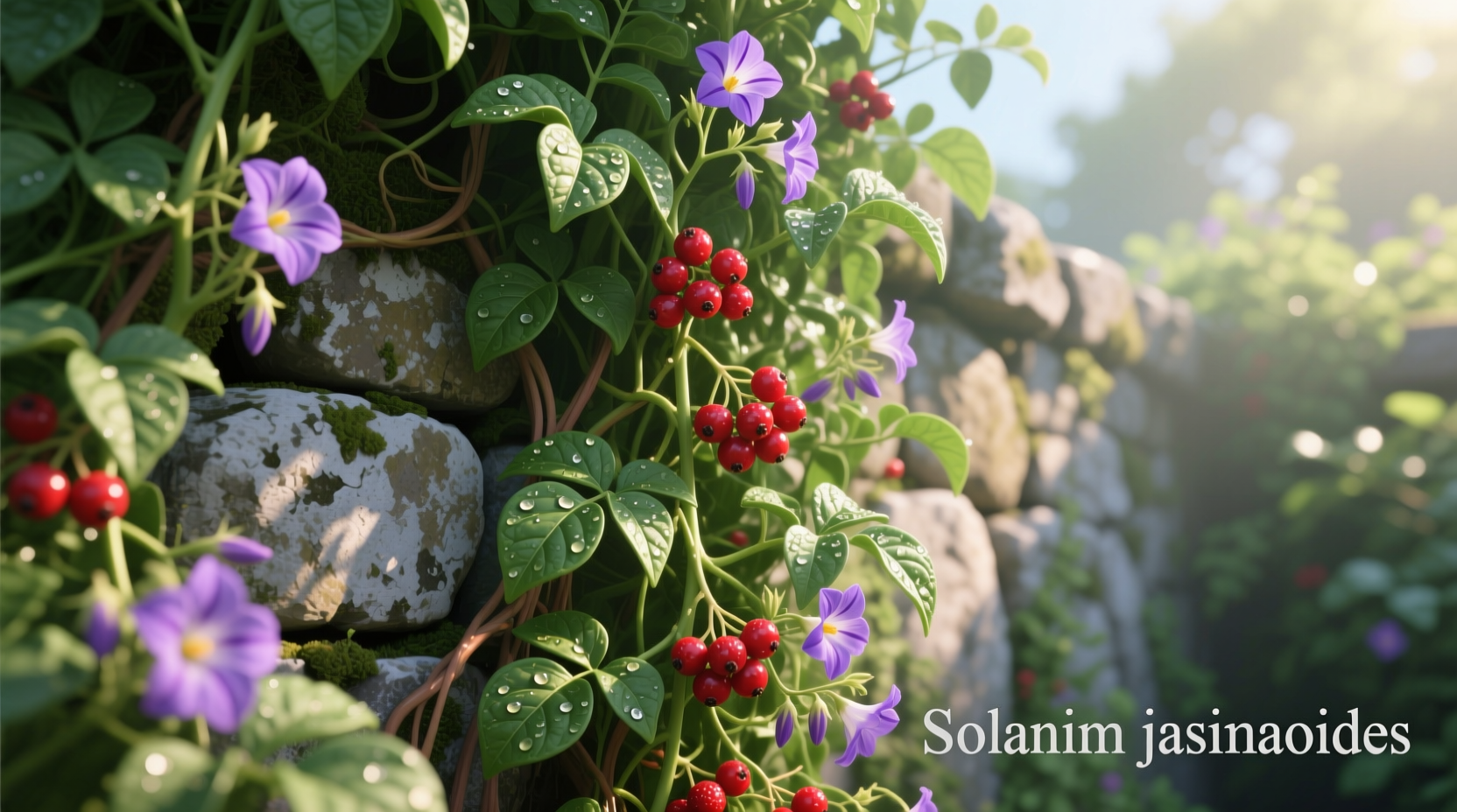 Wild potato vine showing purple flowers and red berries