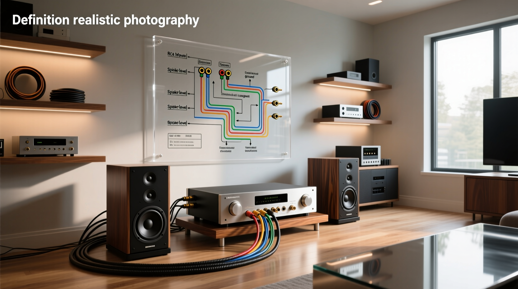 Amplifier and subwoofer wiring diagram showing RCA, power, ground, and speaker connections