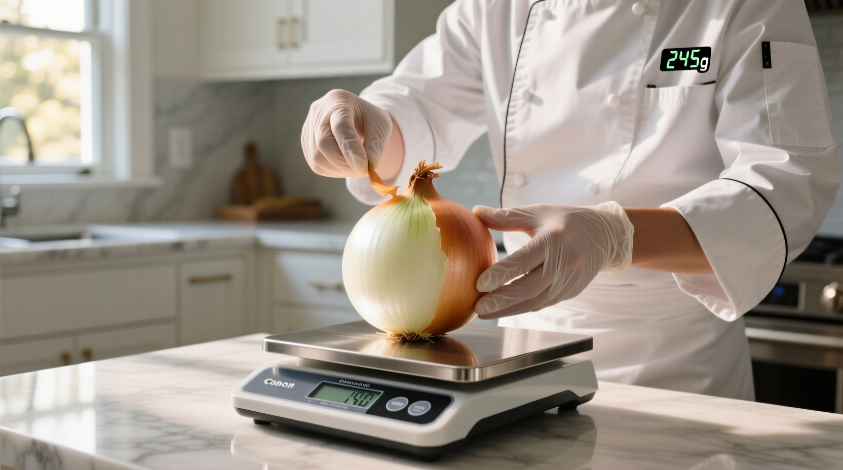 Chef measuring onion weight on kitchen scale