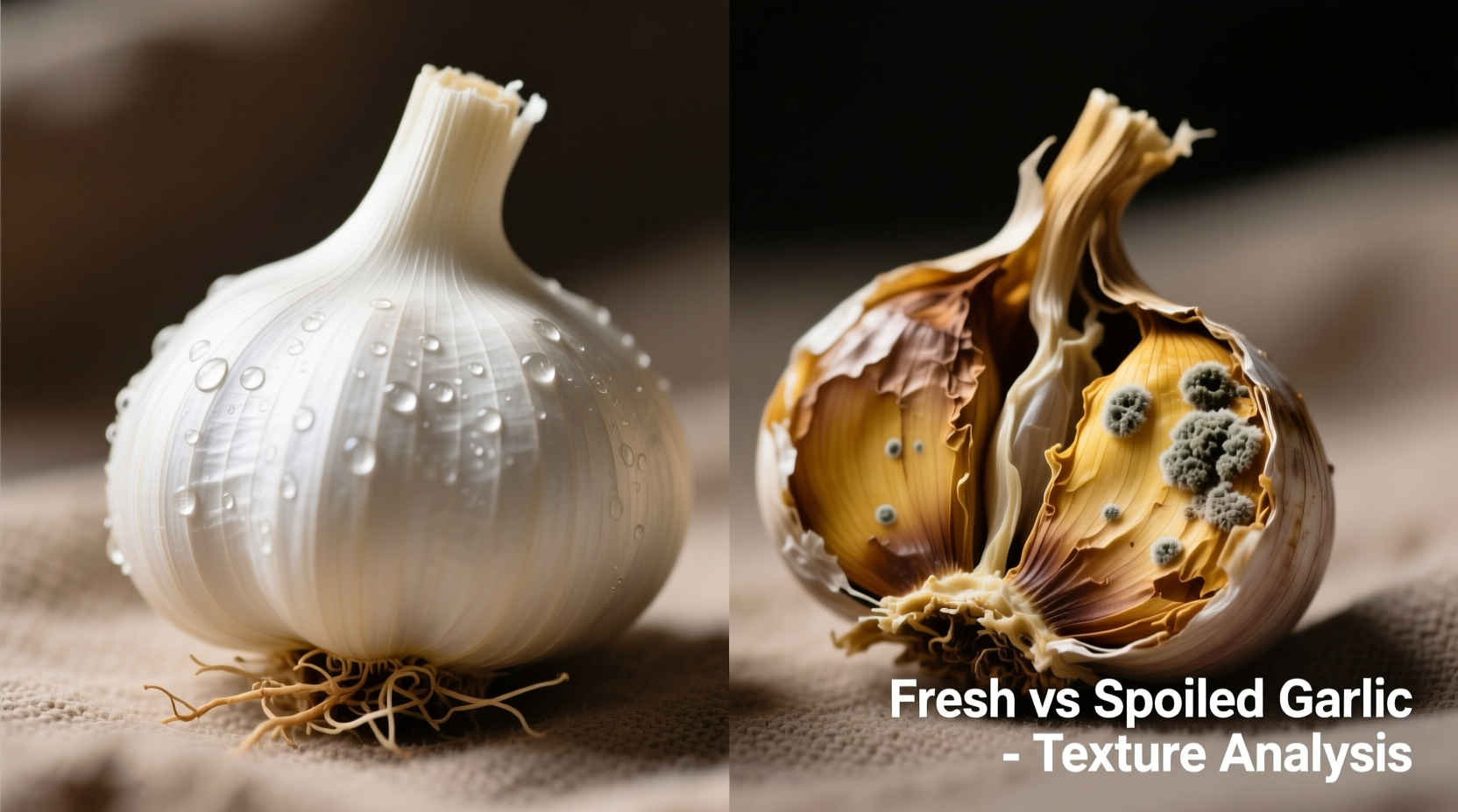 Close-up of fresh versus spoiled garlic cloves showing texture differences