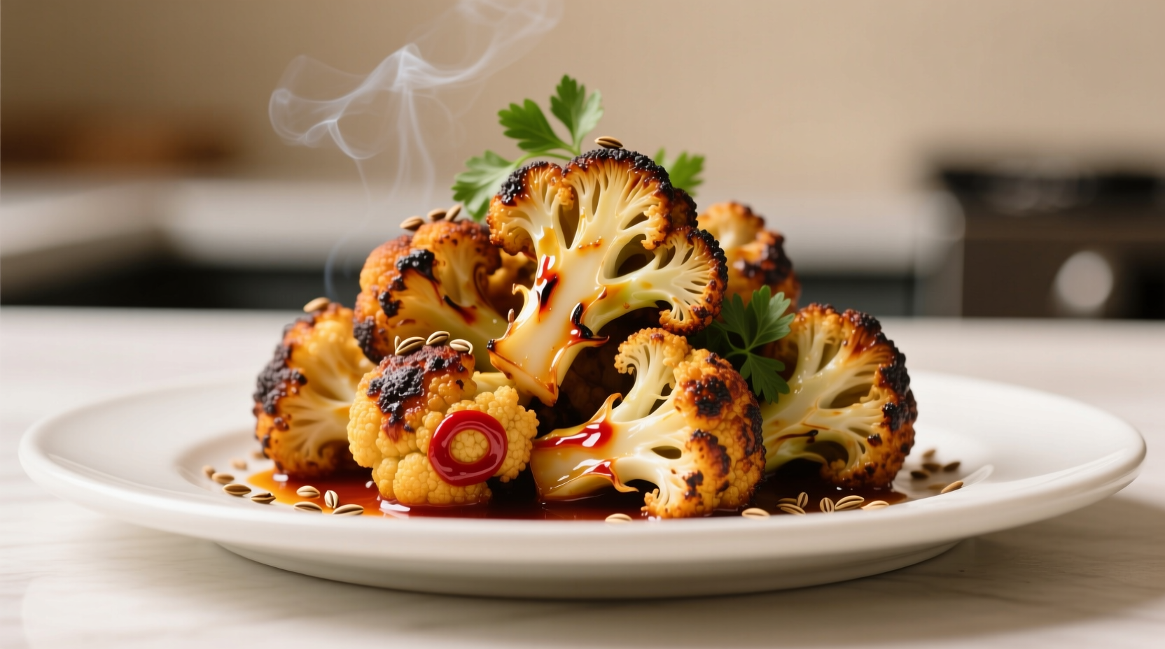 Roasted harissa cauliflower on white plate