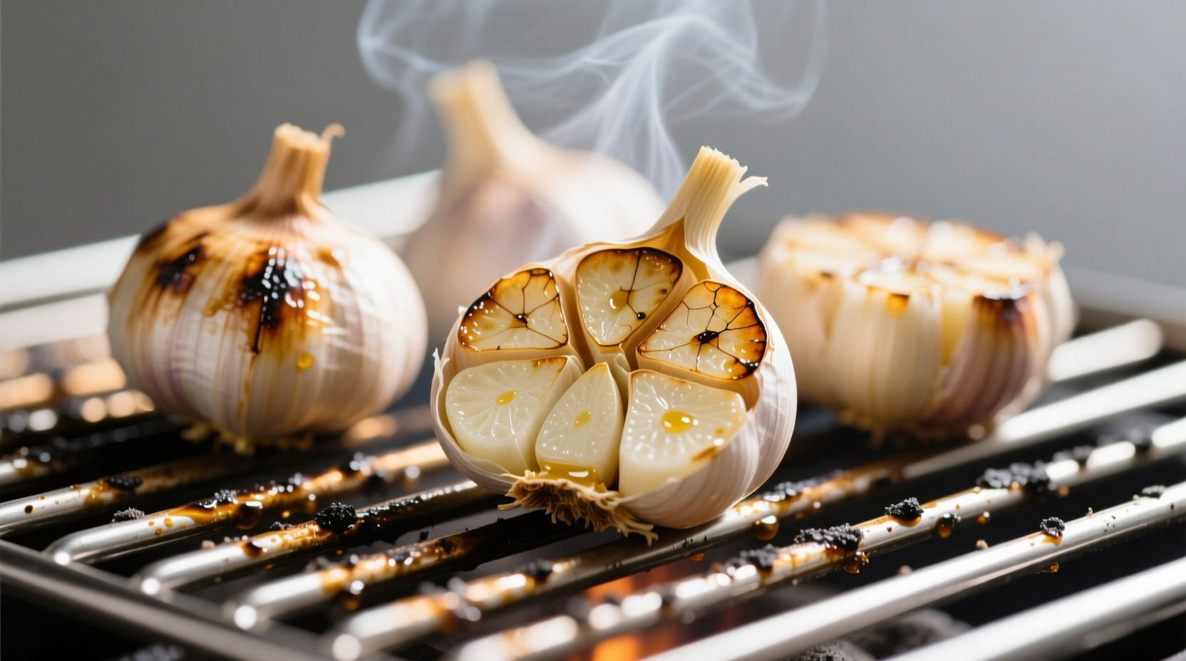 Grilled garlic cloves on stainless steel grill