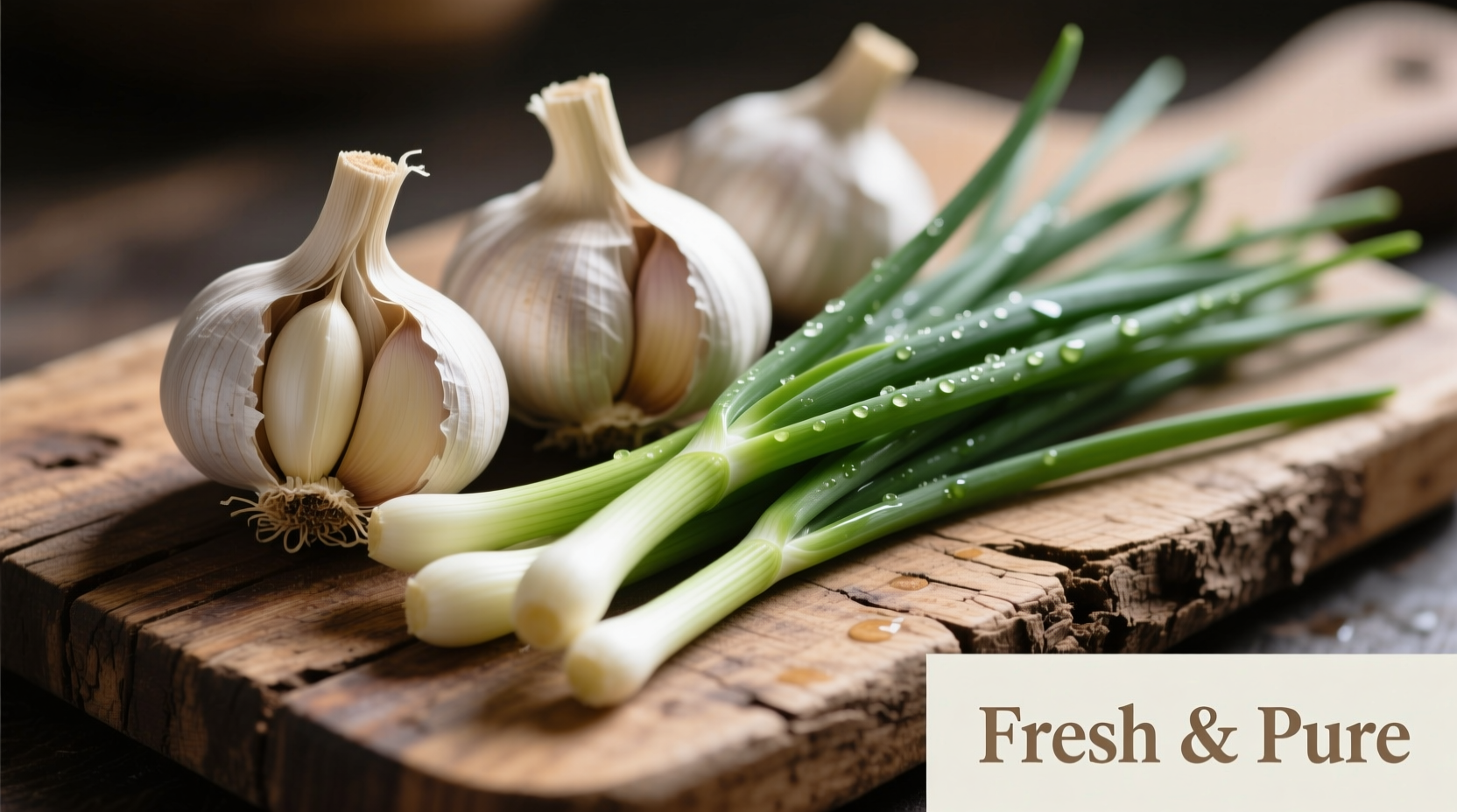Fresh garlic bulbs next to chive stalks on wooden cutting board