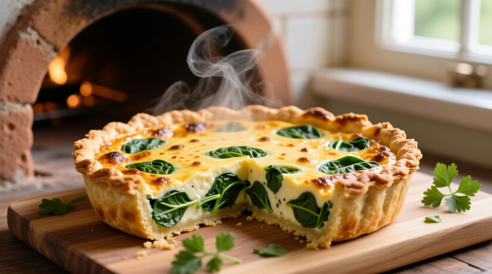 Perfect golden spinach quiche fresh from oven