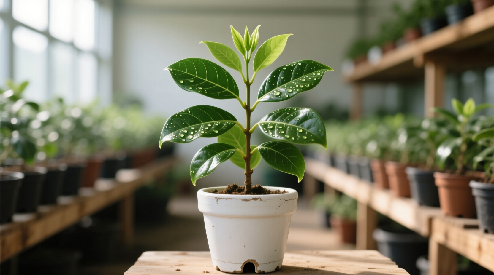 Healthy young clove tree in nursery pot with glossy leaves