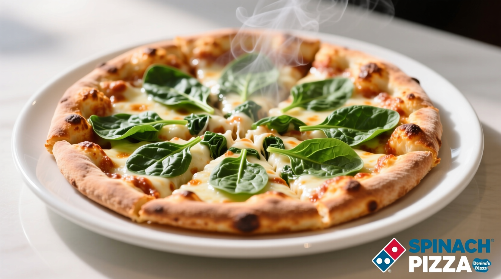 Domino's spinach pizza on white plate with fresh spinach visible