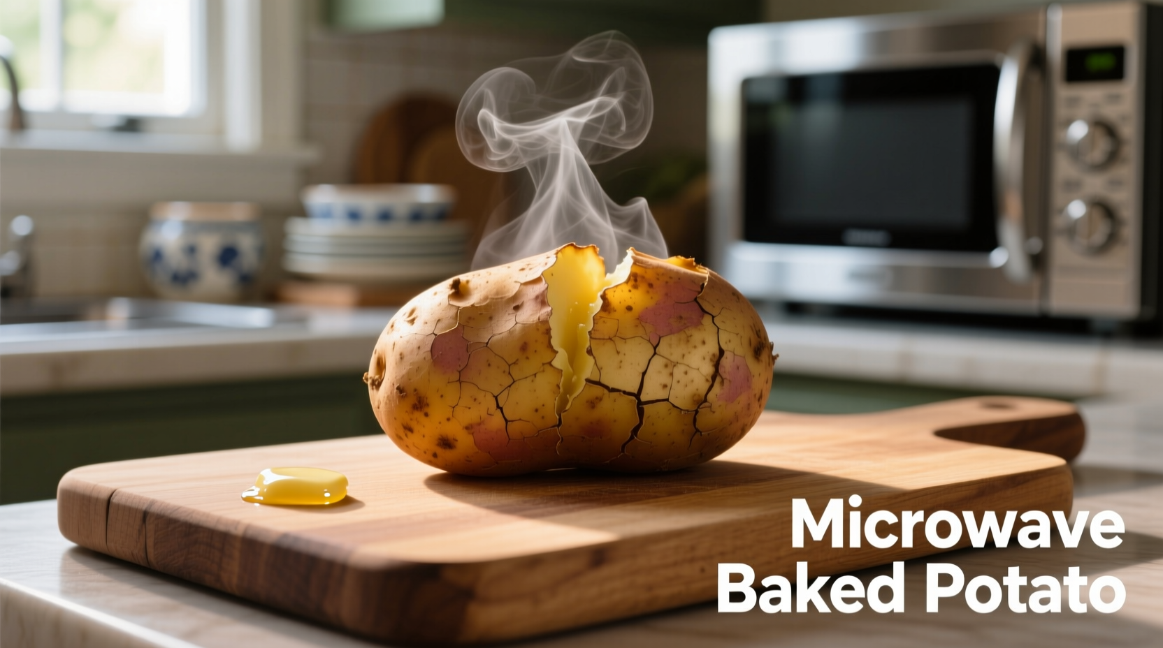 Microwave baked potato with steam rising