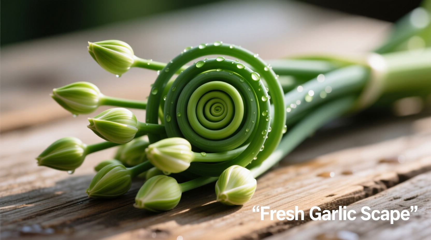Fresh garlic scapes with curly green stems and flower buds