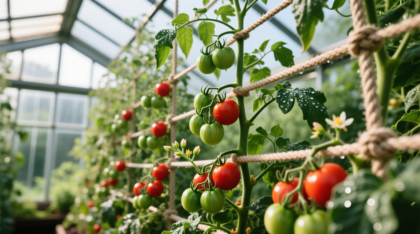 Tomato plants growing on string trellis system