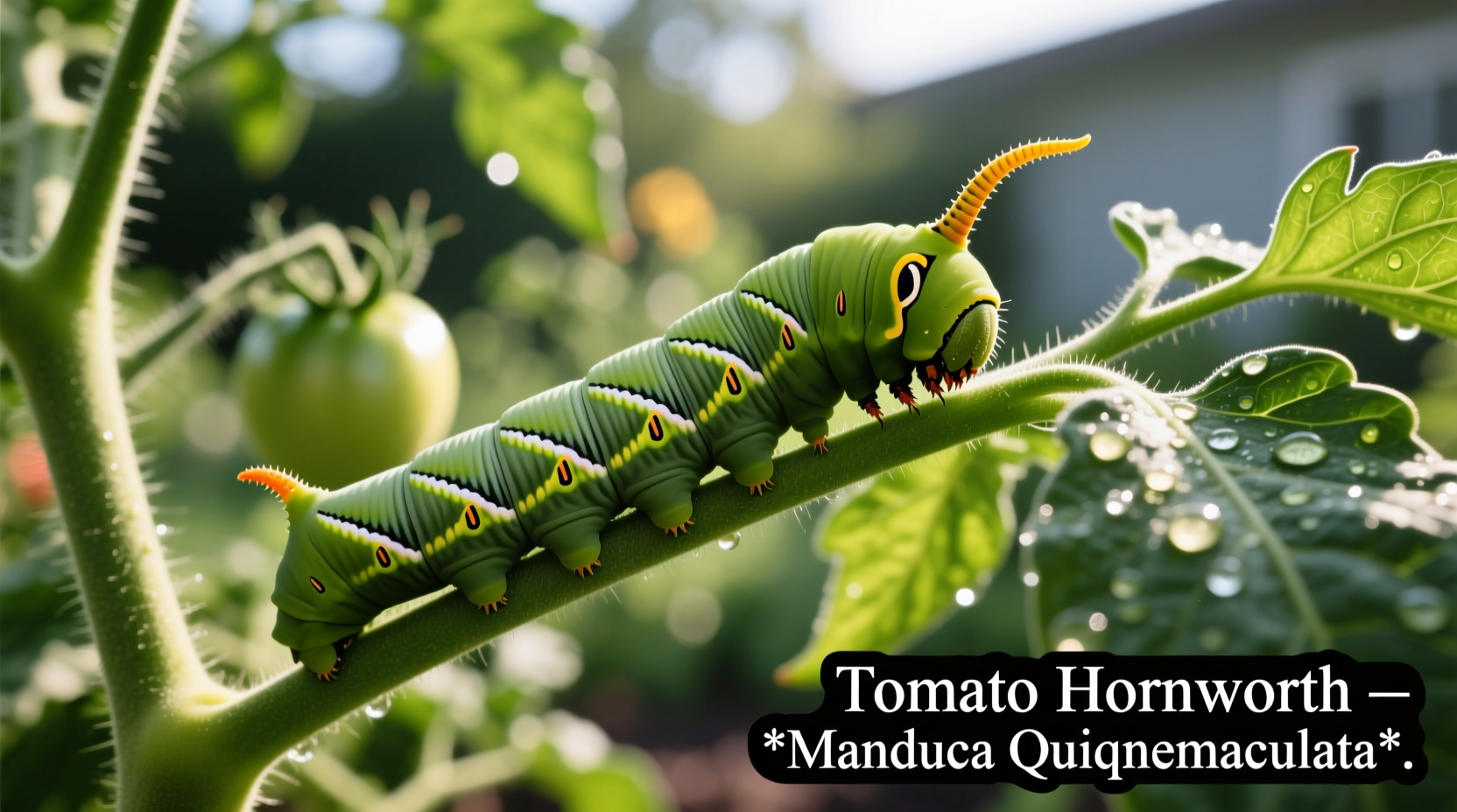 Tomato hornworm on tomato plant showing distinctive markings