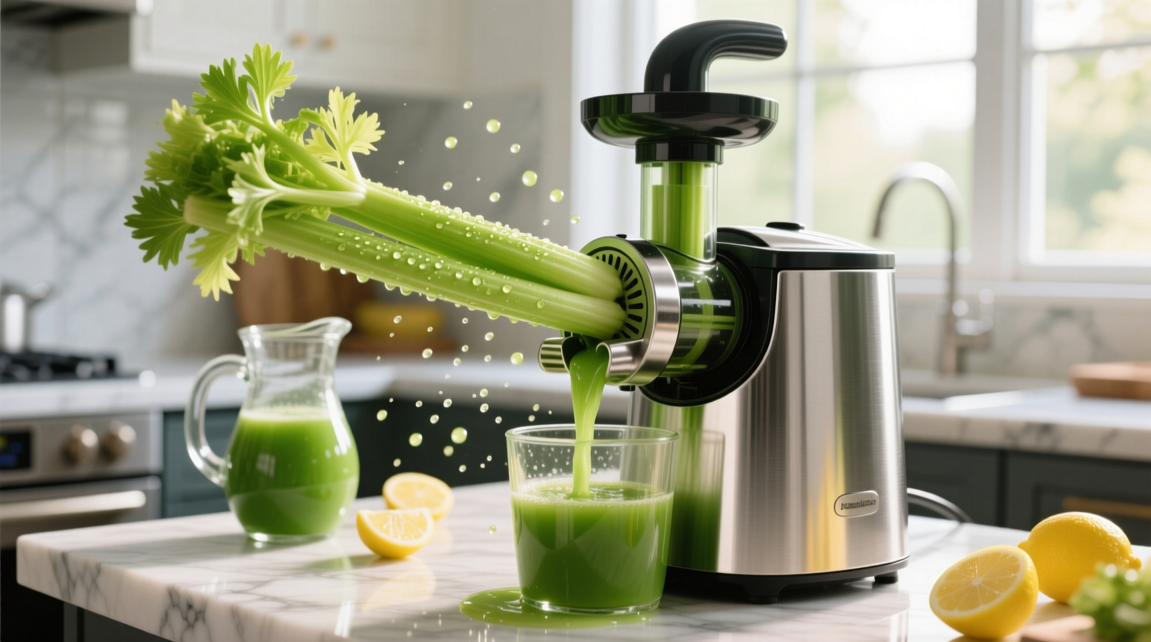 Fresh celery stalks being juiced in a kitchen