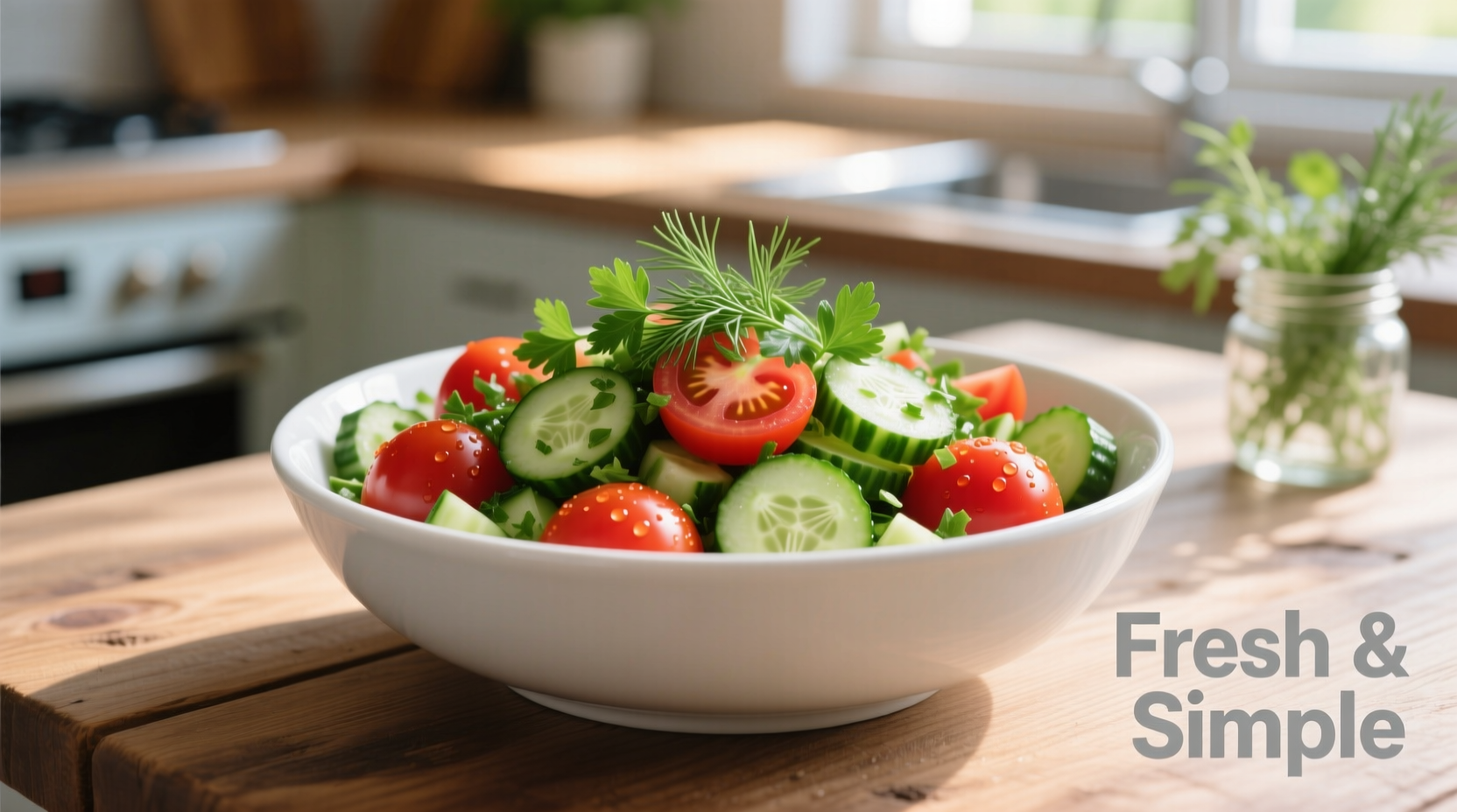 Fresh tomato cucumber salad in white bowl with herbs