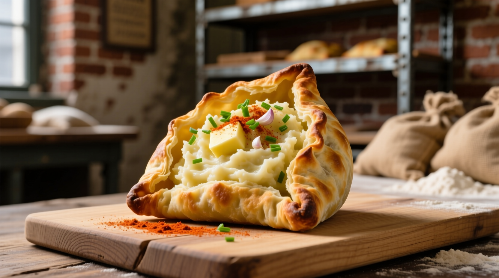 Traditional potato knish with golden crust and creamy filling