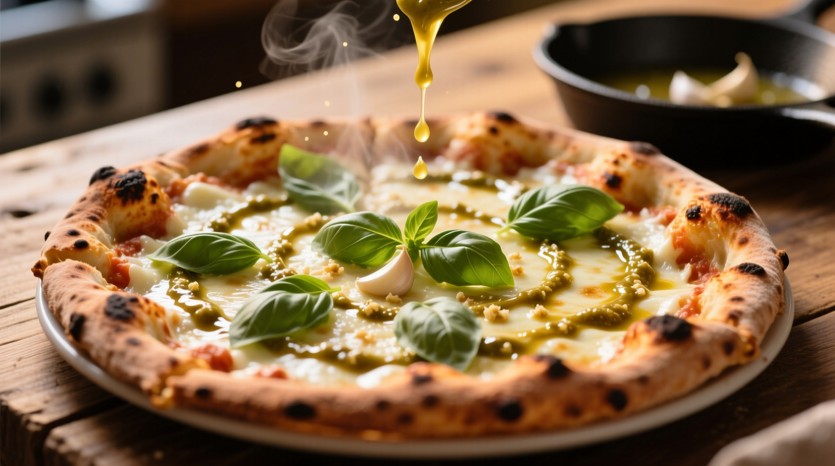 Homemade garlic sauce drizzled over fresh pizza