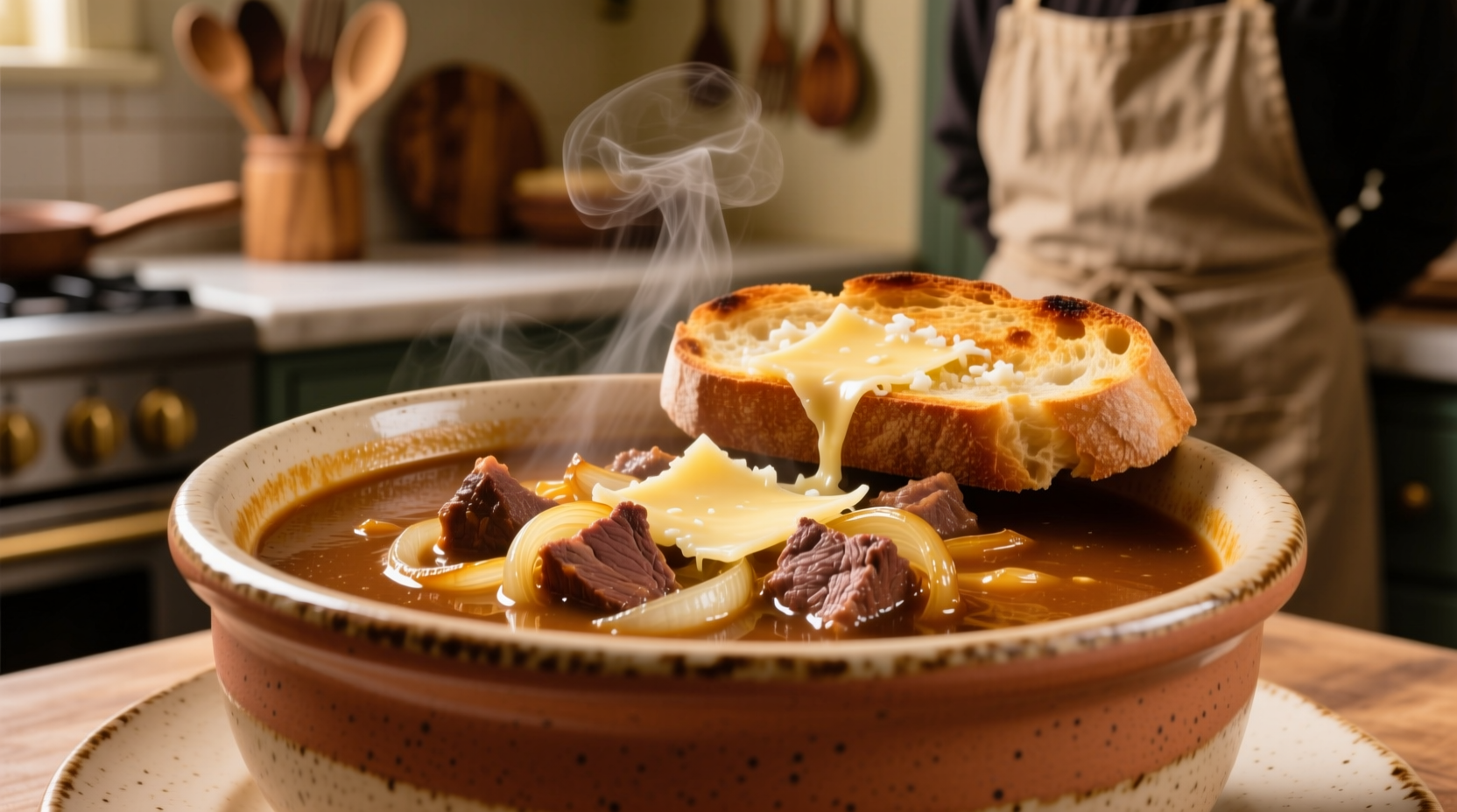 Golden brown beef french onion soup in ceramic bowl