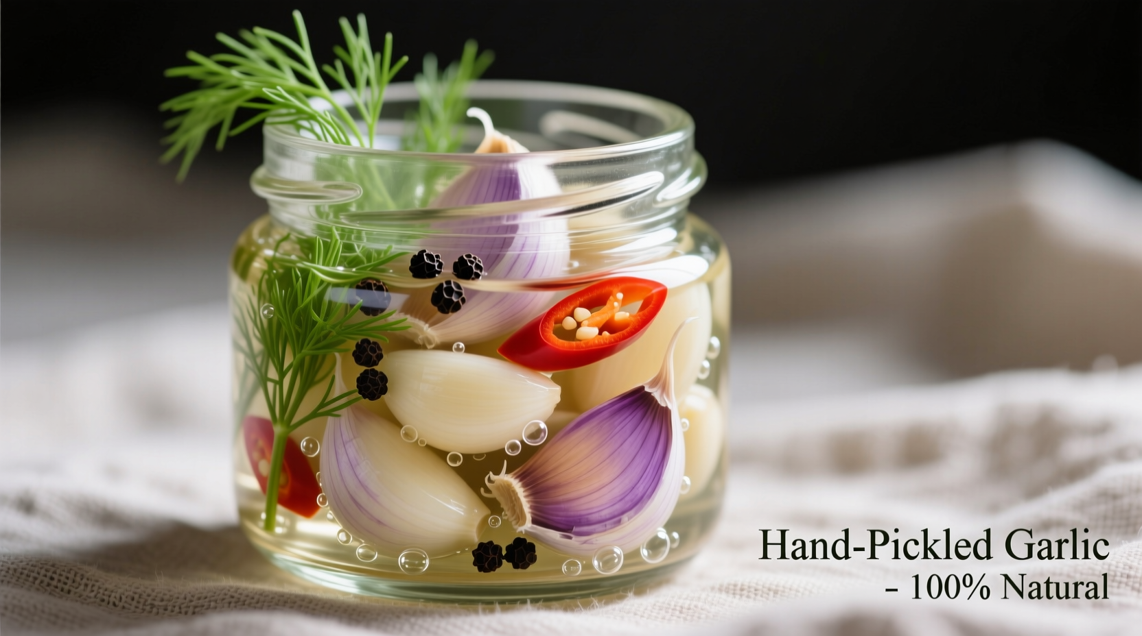Fresh pickled garlic cloves in glass jar with herbs