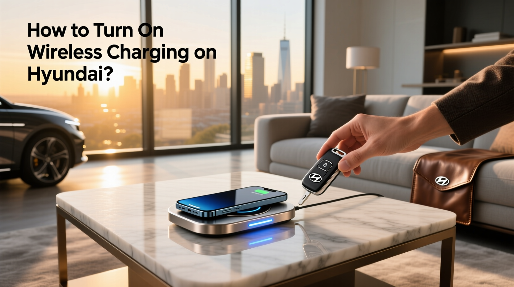 Hyundai wireless charger with smartphone placed on center console