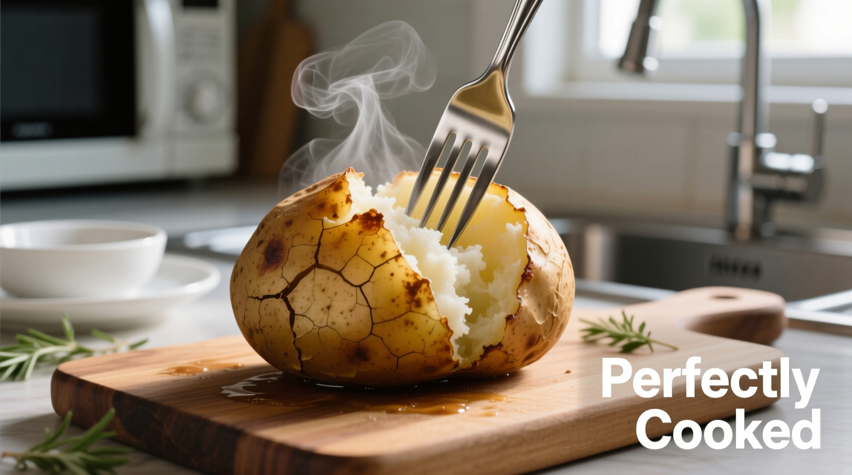 Perfectly cooked microwave baked potato with fork piercing marks