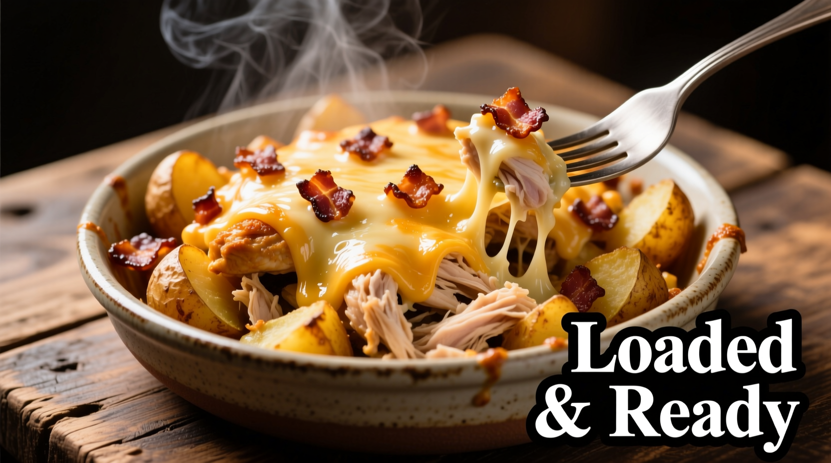 Loaded chicken potato dish with melted cheese and bacon