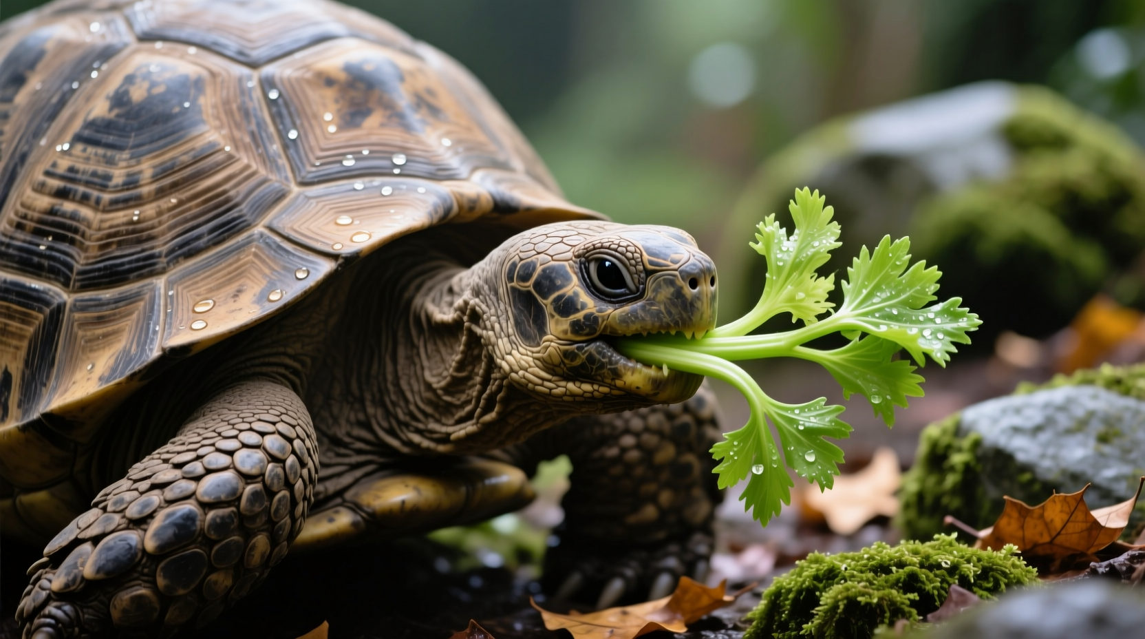 Tortoise carefully eating celery leaves