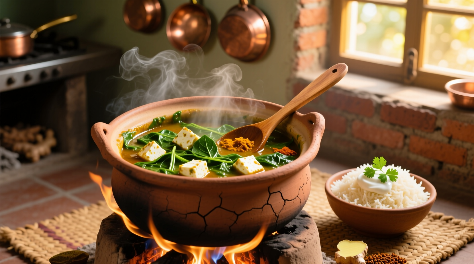 Traditional Indian spinach curry in clay pot