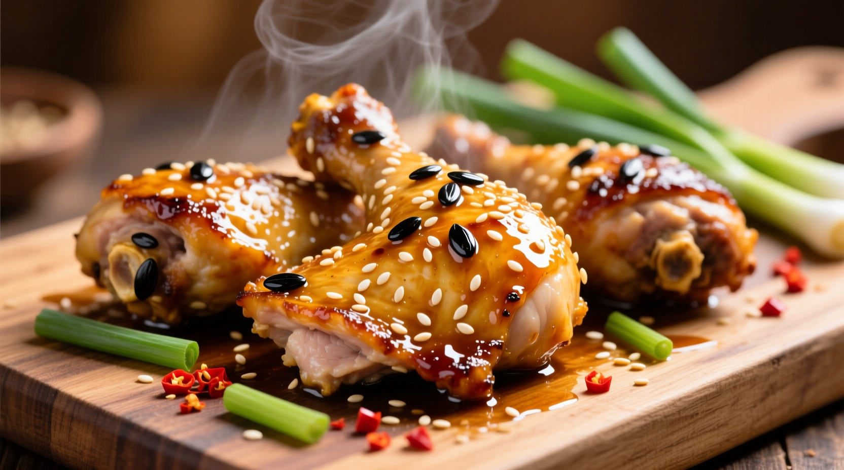 Golden soy garlic chicken thighs with sesame seeds