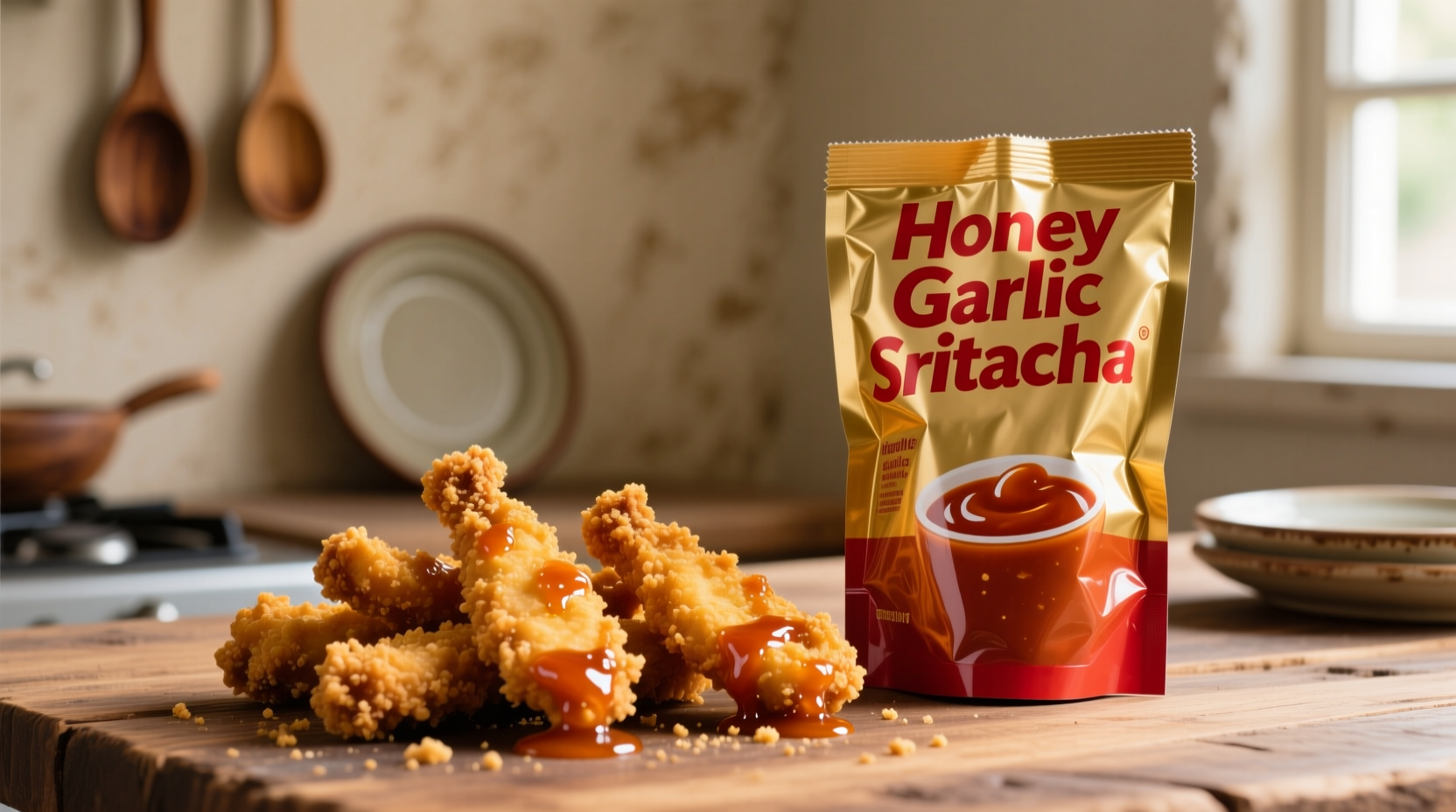 Honey garlic sriracha sauce packet next to chicken tenders
