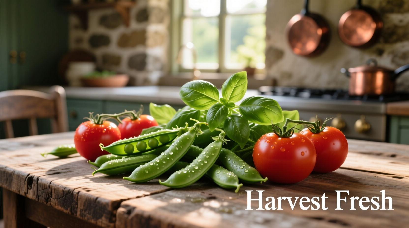 Freshly harvested snap peas tomatoes and basil on wooden table