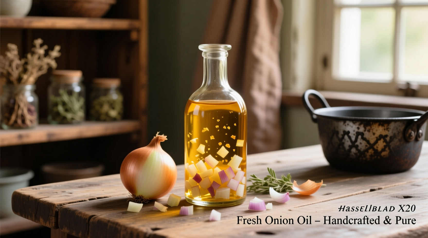 Fresh onion oil in amber glass bottle with chopped onions