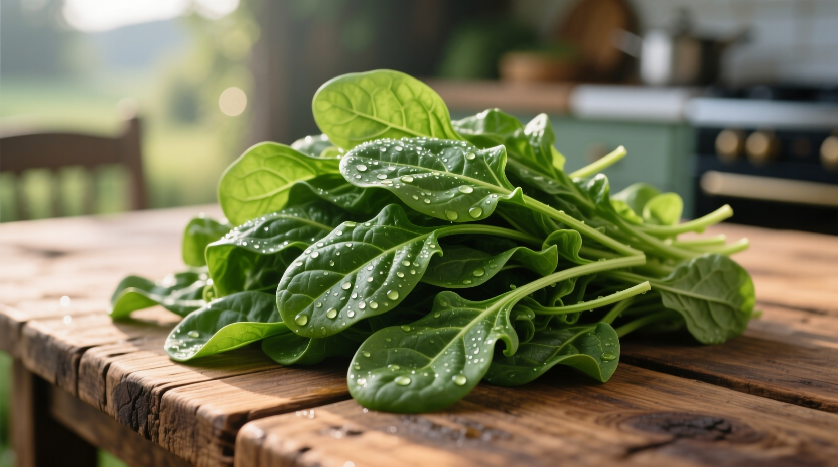 Fresh raw spinach leaves on wooden table