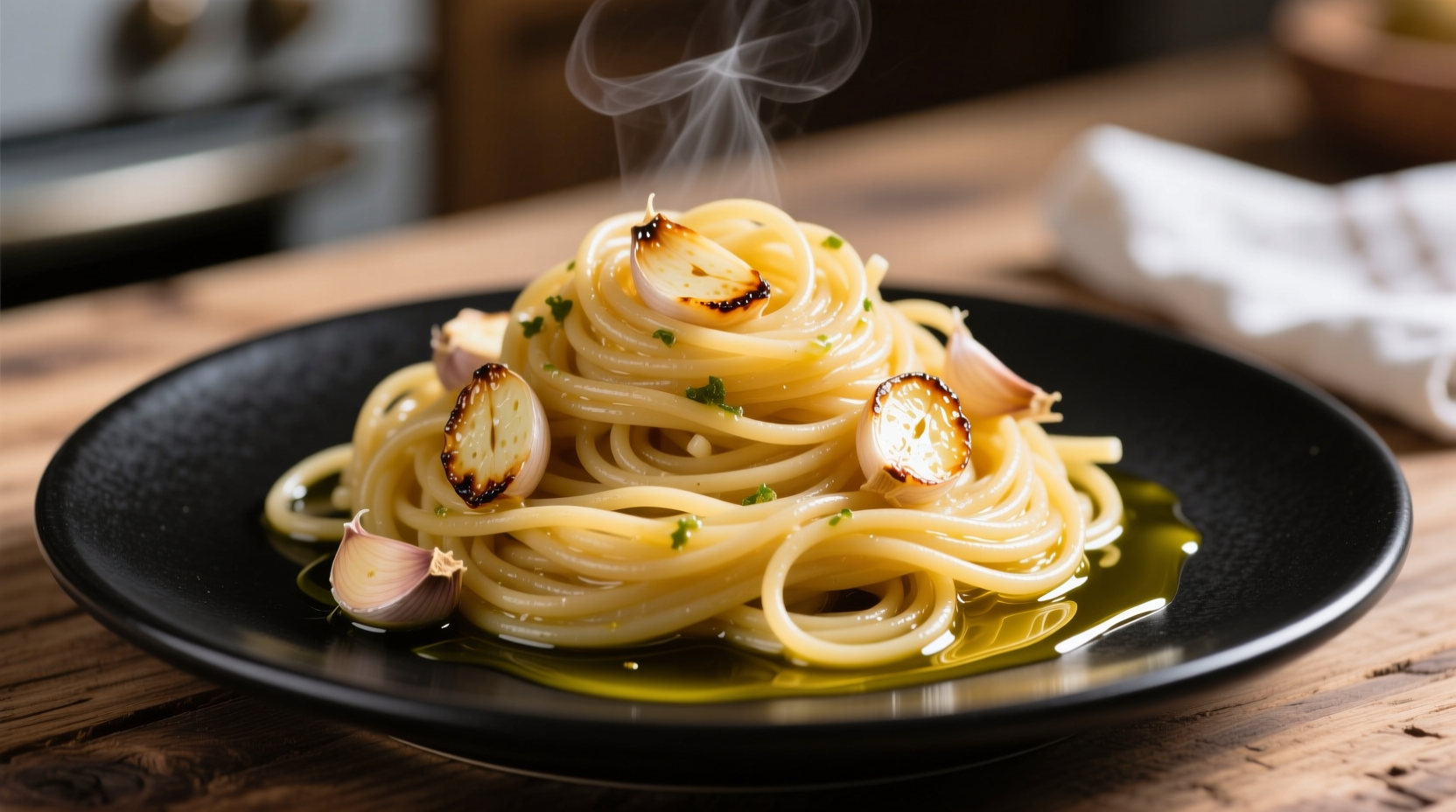 Perfectly cooked spaghetti with golden garlic in olive oil