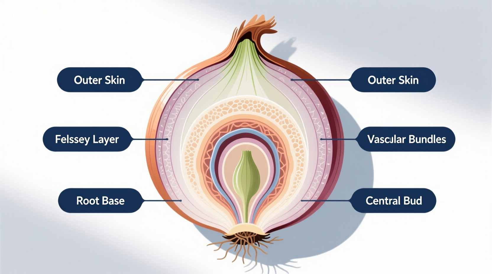 Cross-section showing onion layers with labeled parts
