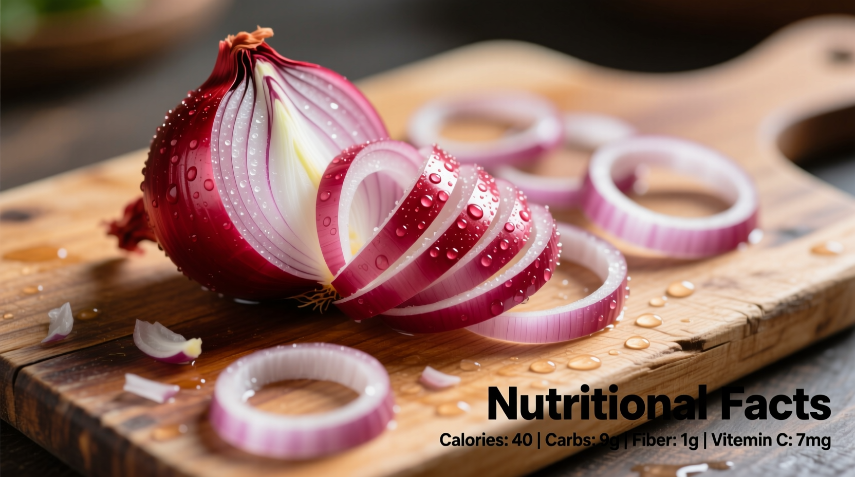 Fresh red onions on wooden cutting board with nutritional facts