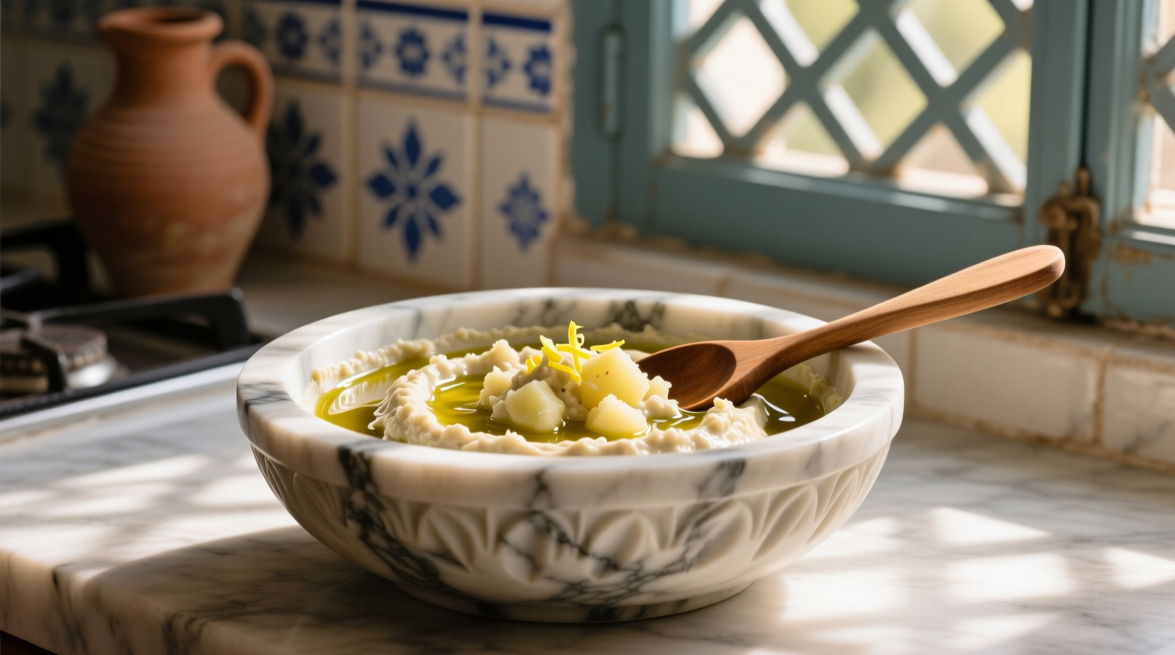 Traditional Greek skordalia sauce in marble bowl