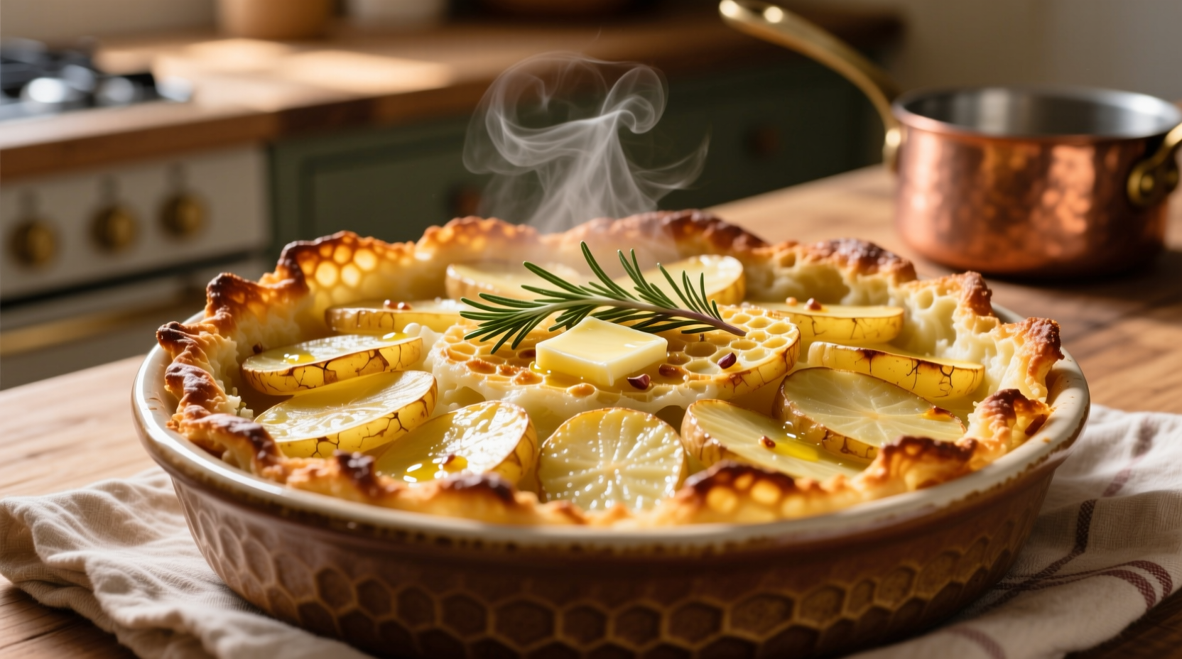 Golden brown potato bake with crispy edges