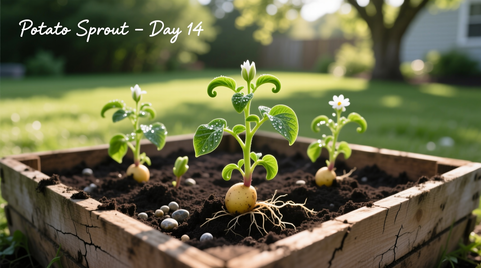 Container potato garden with sprouting plants