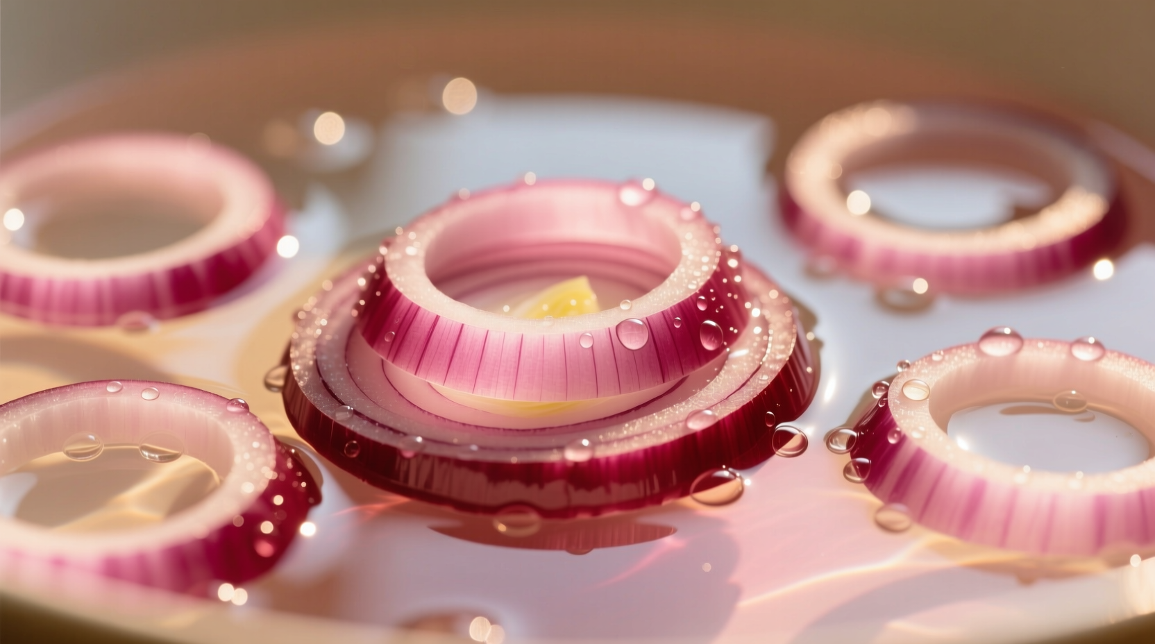Close-up of sliced red onions in warm water bath