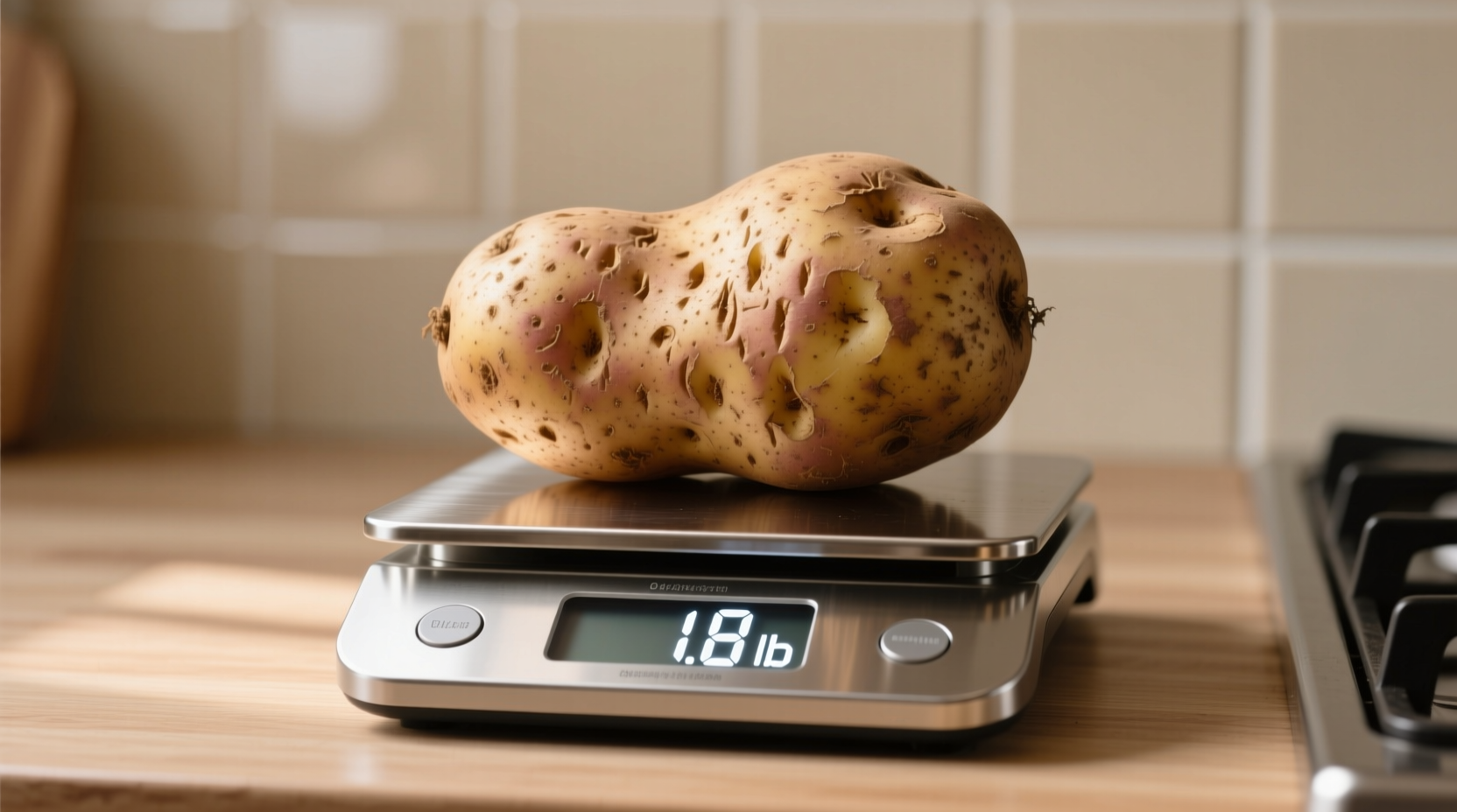 Large russet potato on kitchen scale showing weight