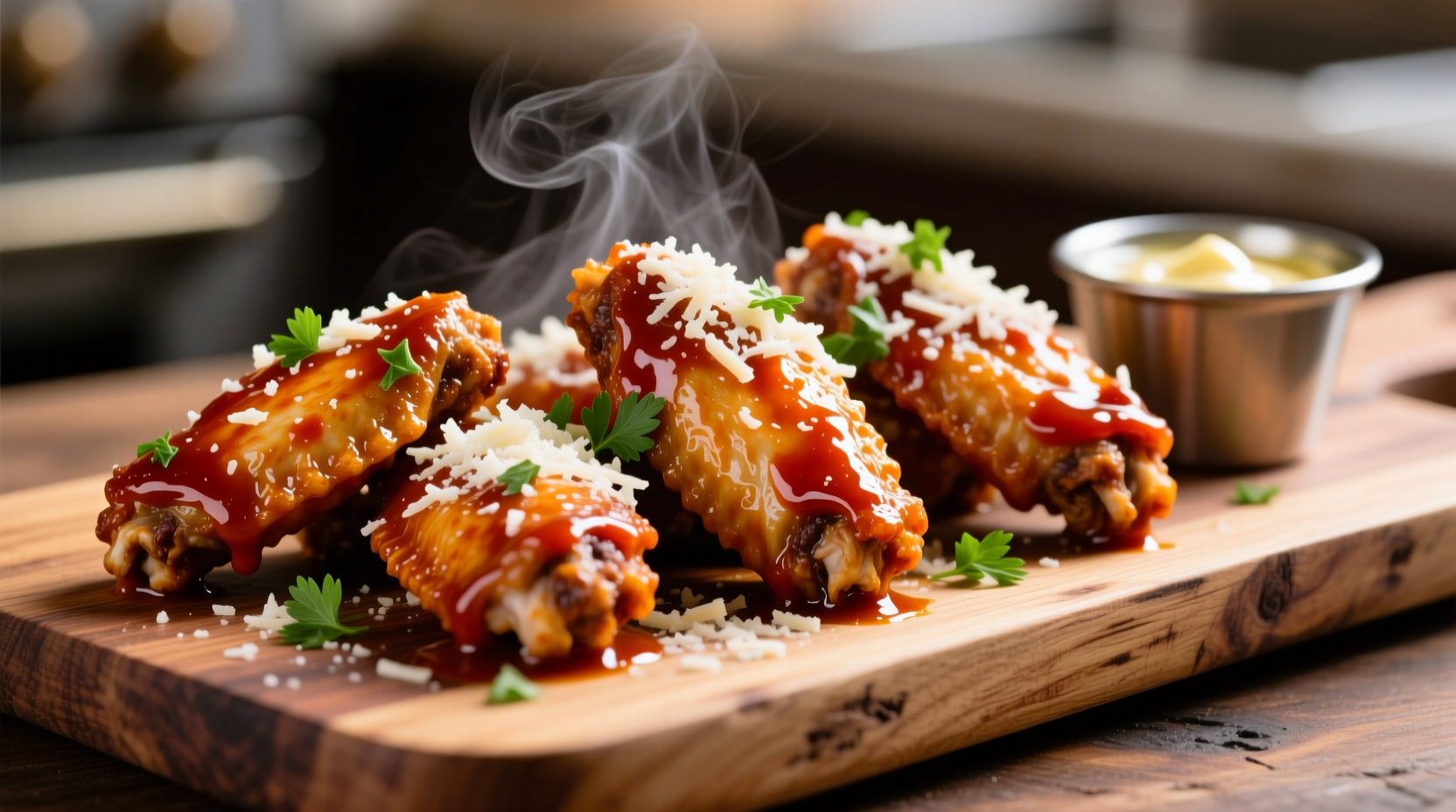 Freshly made parmesan garlic buffalo wings on serving platter
