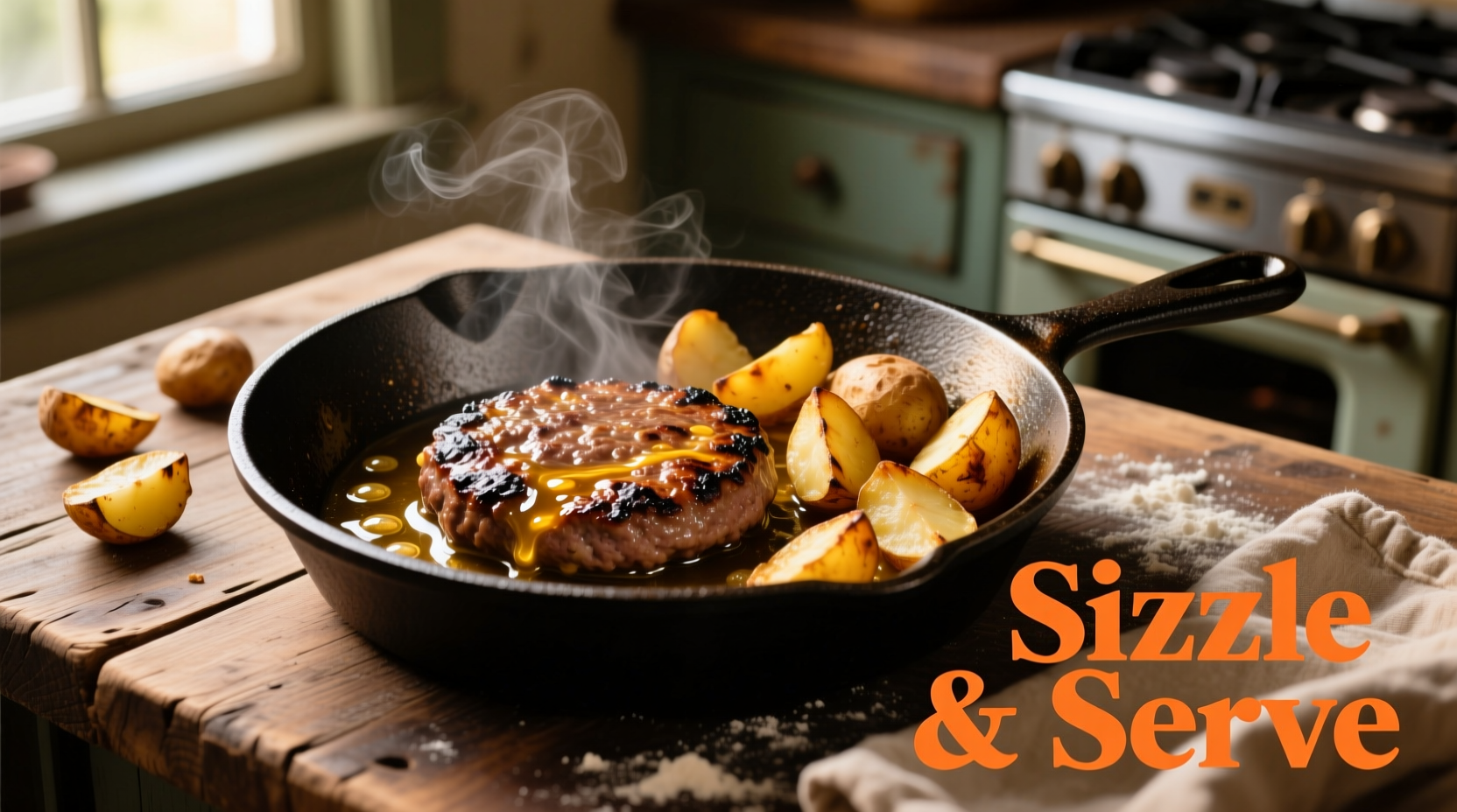 Cast iron skillet with sizzling hamburger and golden potatoes
