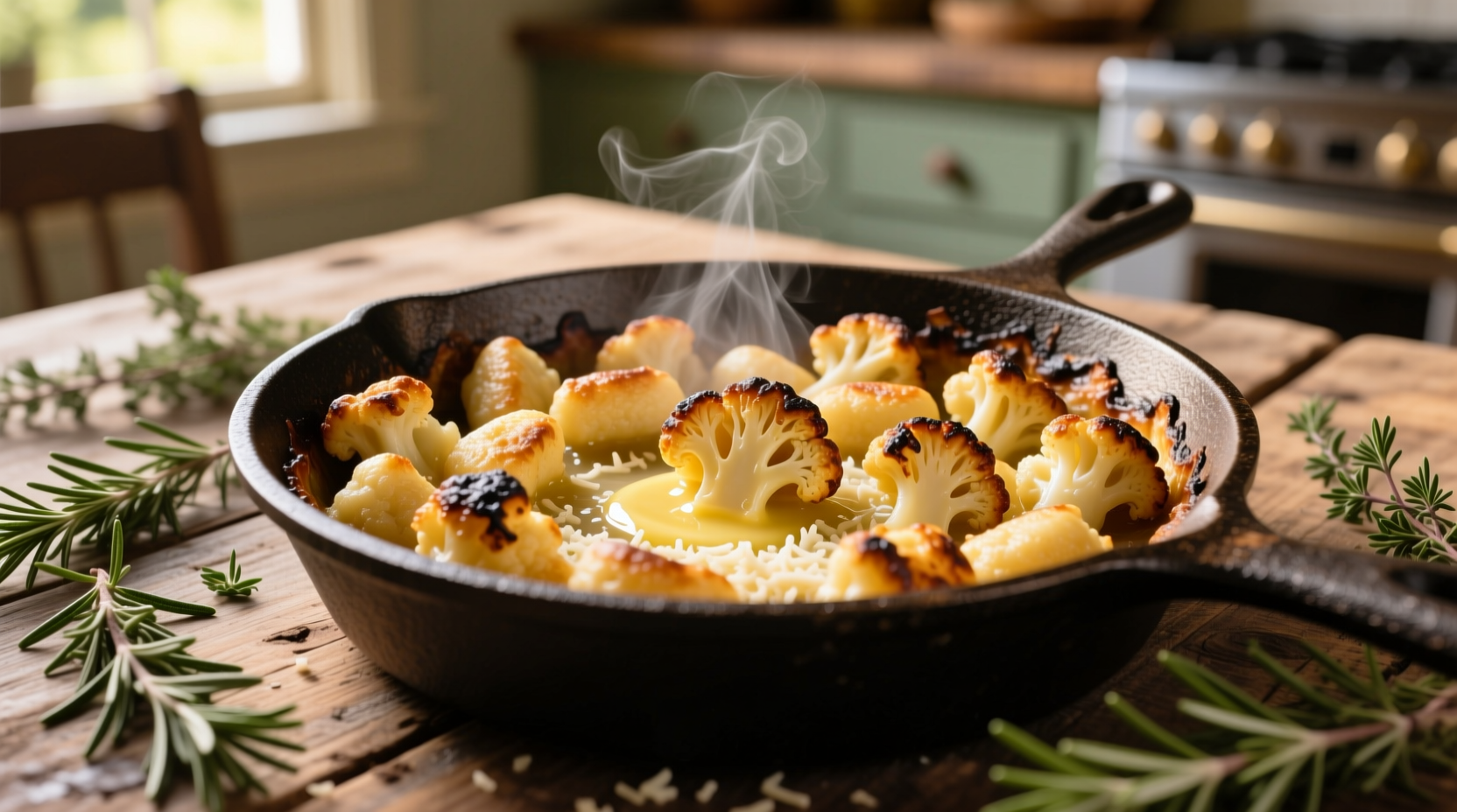 Golden brown cauliflower gnocchi in cast iron skillet