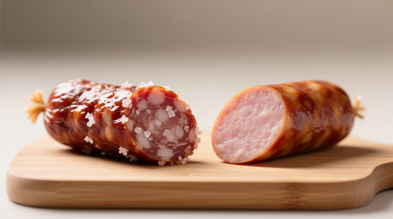 Sliced smoked sausage with visible salt crystals next to low-sodium alternative on cutting board