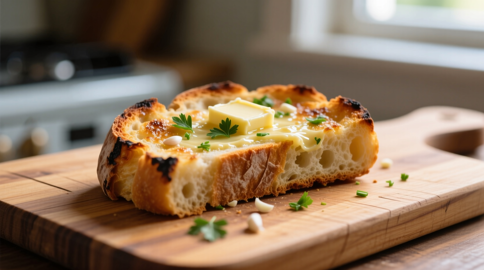 Homemade garlic bread slice on wooden cutting board