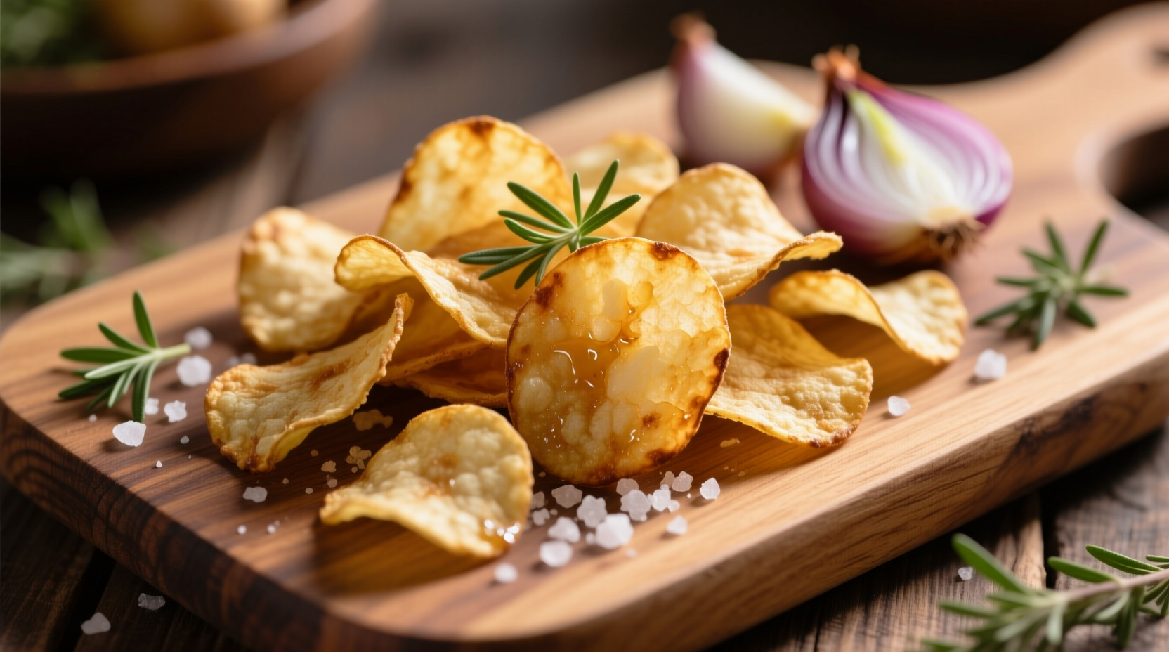 Homemade onion garlic potato chips on wooden board