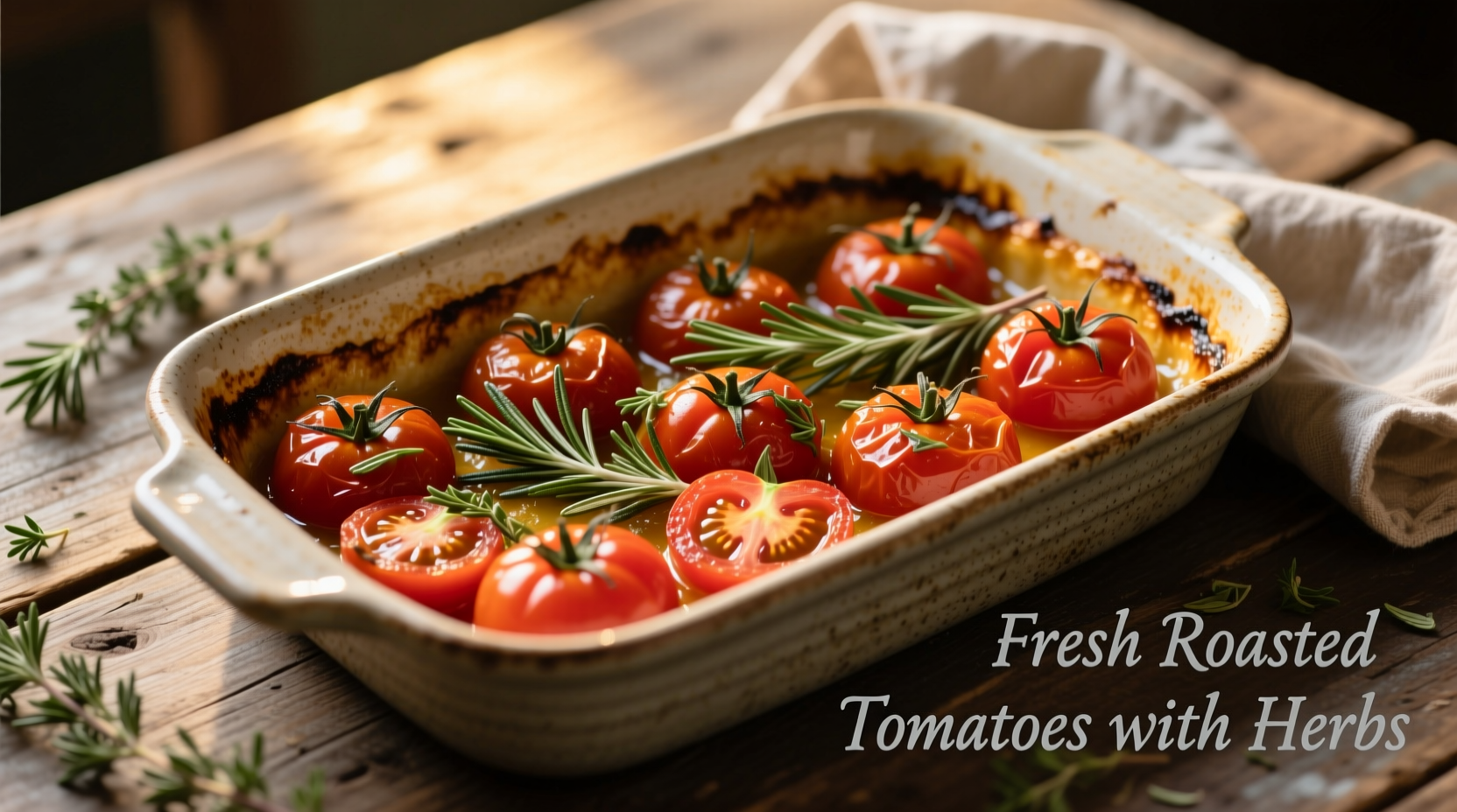 Fresh roasted tomatoes in baking dish with herbs